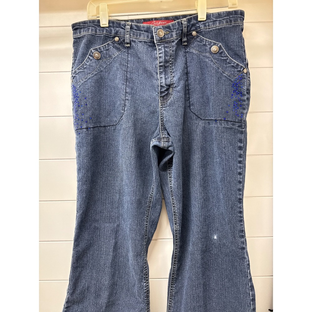Cos Jeans Womens 12P Dark Wash Rhinestone Embellished Flare Leg Denim Blue Jeans